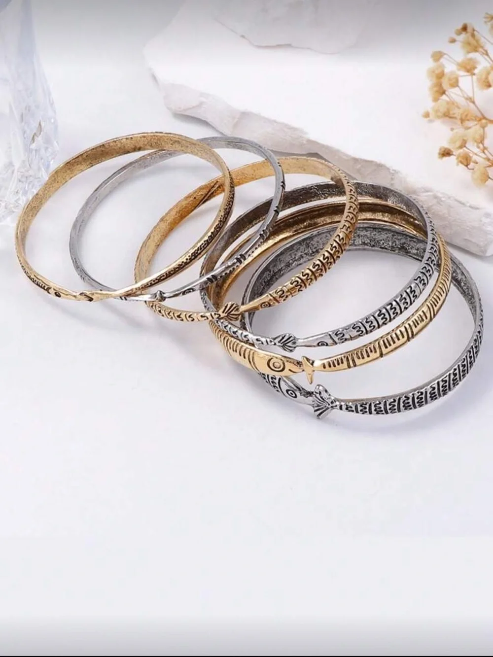 Zara Gold and Silver Textured Bangle Set - Women Jewelry